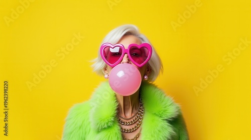 A cheerful elderly woman wearing giant pink heart-shaped sunglasses, a neon green faux fur coat