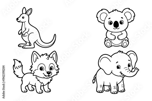 Cute Baby Kangaroo Koala Wolf and Elephant Line Art Set