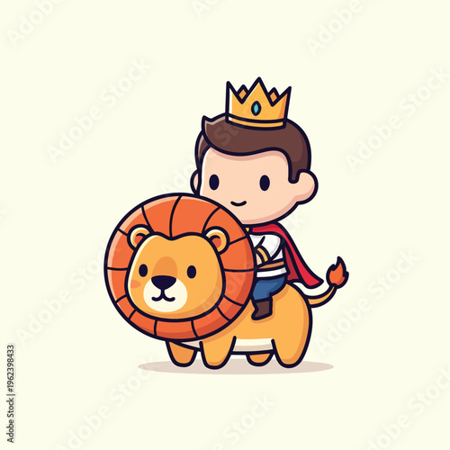 An illustration depicting a crowned boy wearing a cape riding a lion. The lion is orange and tan, boy is dressed in blue, white and red