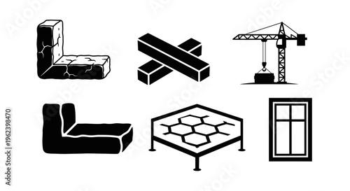 Collection of furniture and construction icons in black and white