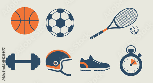Sports Equipment Icons: Basketball, Soccer, Tennis, Dumbbell, Helmet, Shoe, Stopwatch