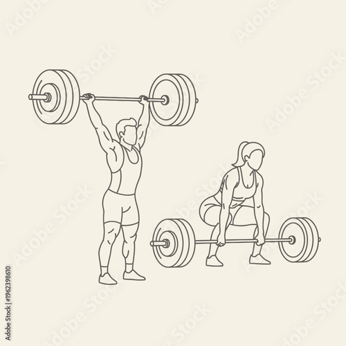 Weightlifters performing overhead press and deadlift exercises with barbells