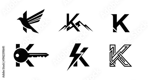 Collection of stylized letter k logos and symbols in black