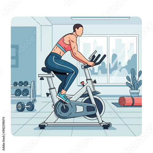 Woman cycling on stationary bike in gym, fitness and healthy lifestyle