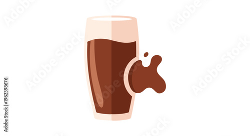 A tall glass, partially filled with a brown liquid, sits on a white background. A splash of the brown liquid is beside the glass