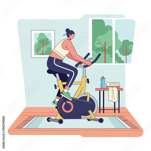 Woman cycling on stationary bike at home, healthy lifestyle, indoor fitness
