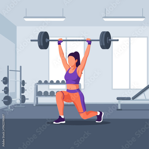 Woman doing barbell overhead lunges in a modern gym, fitness and strength training