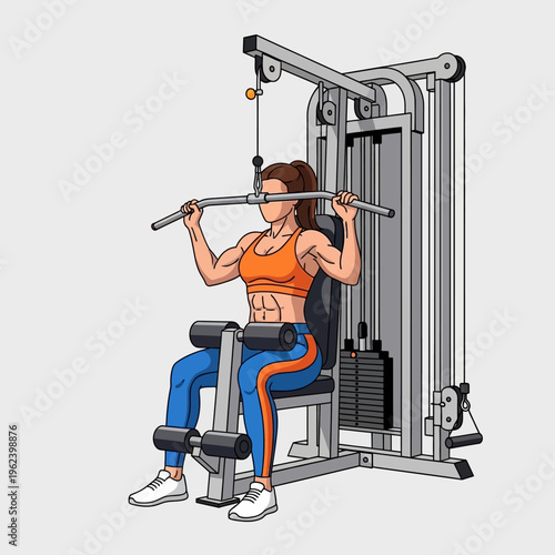 Woman doing lat pulldown exercise on gym machine, fitness and workout concept