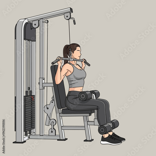 Woman doing lat pulldown exercise on gym machine, fitness and workout concept