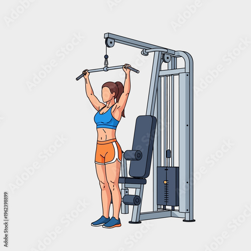 Woman doing lat pulldown exercise on gym machine, fitness and workout