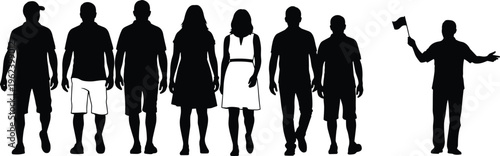 Black silhouette of tour guide holding flag leading diverse group of tourists, travel agency concept, walking people, sightseeing tour, vacation.