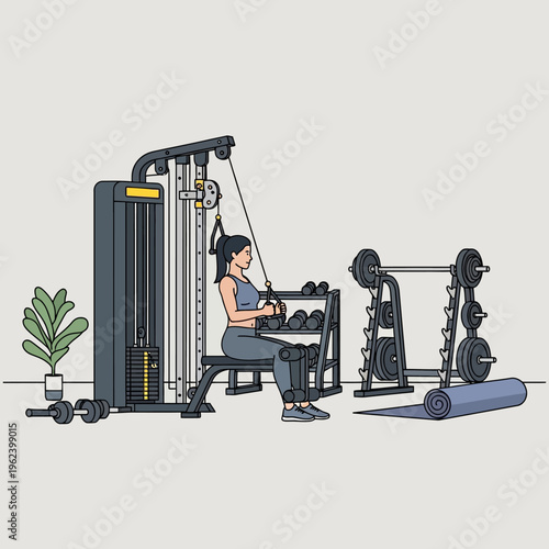Woman exercising on a lat pulldown machine in a home gym with weights and yoga mat