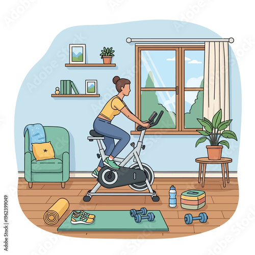 Woman exercising on a stationary bike at home, with dumbbells and yoga mat nearby