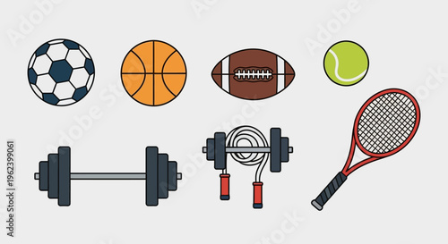 Sports Equipment Collection: Balls, Dumbbells, Jump Rope, and Tennis Racket