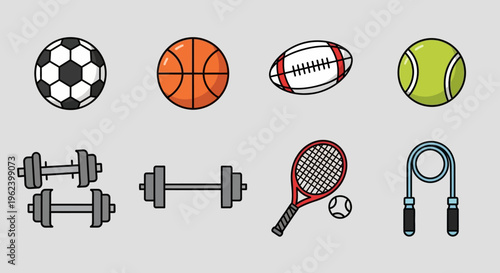 Sports Equipment Collection: Balls, Dumbbells, Tennis Racket, Jump Rope