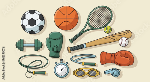 Sports Equipment Collection: Balls, Gloves, Racket, Bat, Dumbbell, Stopwatch, Whistle, Jump Rope