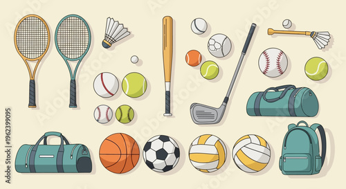 Sports Equipment Collection: Balls, Racquets, Bats, Clubs, Bags, Backpack
