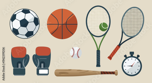 Sports Equipment Collection: Soccer, Basketball, Tennis, Baseball, Boxing, Stopwatch, Bat