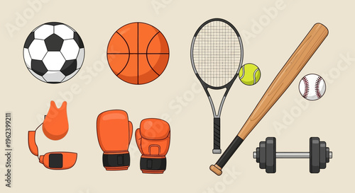 Sports Equipment Collection: Soccer, Basketball, Tennis, Baseball, Boxing, Dumbbell