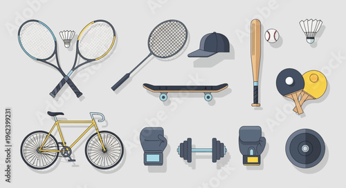 Sports Equipment Collection: Bicycle, Tennis, Badminton, Skateboard, Baseball, Boxing, Weights