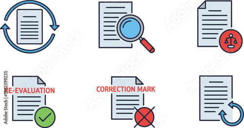A series of icons illustrates document management processes, including cyclical review, detailed inspection with a magnifying glass, and legal or compliance checks.
