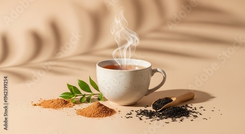 Minimal Herbal Tea Cup with Steam and Natural Ingredients on Soft Beige Background