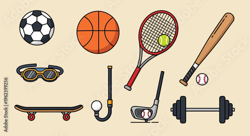 Sports Equipment Collection: Soccer, Basketball, Tennis, Baseball, Golf, Skateboarding, Hockey, Weights
