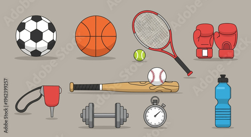 Sports Equipment Collection: Soccer, Basketball, Tennis, Boxing, Baseball, Fitness