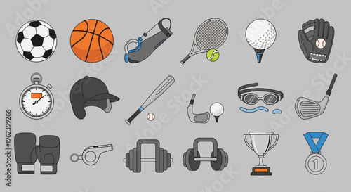 Sports Equipment Collection: Soccer, Basketball, Tennis, Golf, Boxing, Baseball, Fitness, Trophy