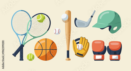 Sports Equipment Collection: Tennis, Baseball, Basketball, Golf, Boxing Gear