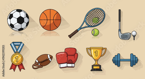 Sports Equipment Collection: Soccer, Basketball, Tennis, Golf, Football, Boxing, Trophy, Dumbbell, Medal