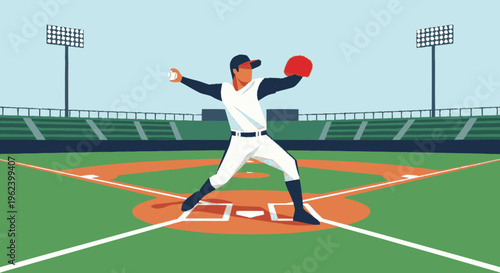 Baseball Pitcher Throwing Ball on Field.