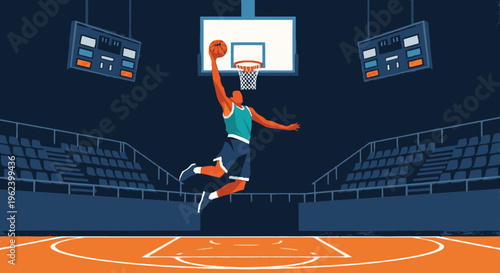 Basketball Player Dunking in Empty Stadium.