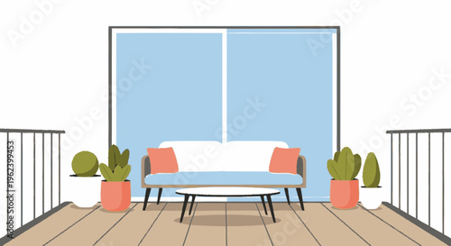 Blue Sofa on Balcony with Potted Plants.
