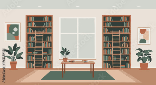 Bookshelves with books and decorative plants indoors.