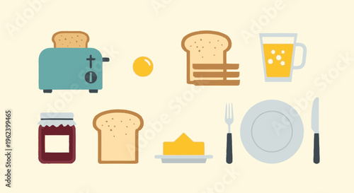 Breakfast Items Toaster Bread Butter Jam.