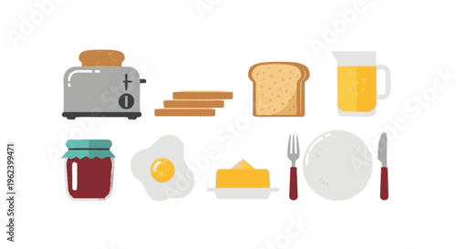 Breakfast Food Items and Kitchen Utensils.