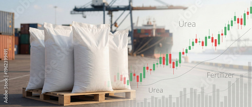 Rising Urea and Fertilizer Prices Concept with Industrial Port and Commodity Market Chart, War Driven Agriculture Inflation and Global Food Supply Crisis