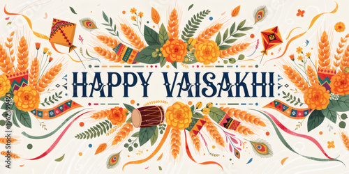Happy Vaisakhi Floral Festival Background with Decorative Flowers and Harvest Celebration