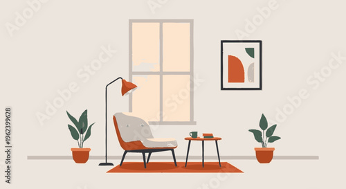 Cozy Armchair with Lamp and Plants.