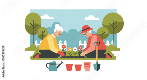 Elderly Couple Planting Flowers Together.