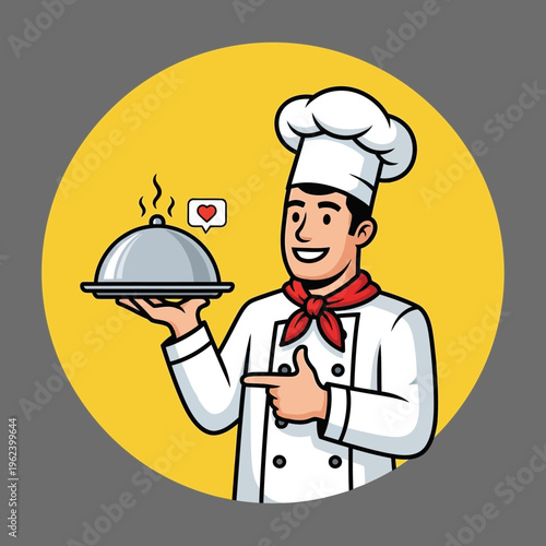 Happy Chef Presenting Delicious Food Dish Under Cloche with Heart Icon