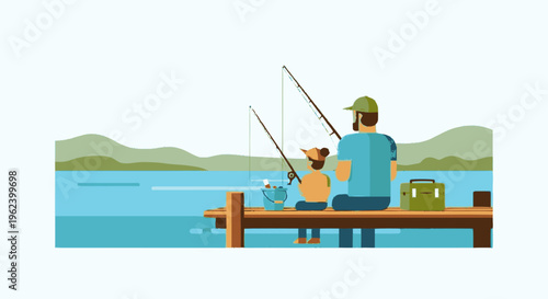 Father and Son Fishing Together on Dock.