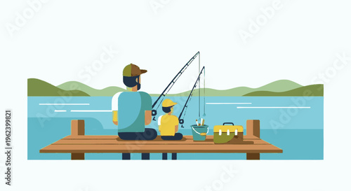 Man and Child Fishing on Dock.