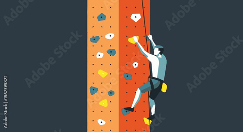 Man Climbs Artificial Rock Wall Illustration.