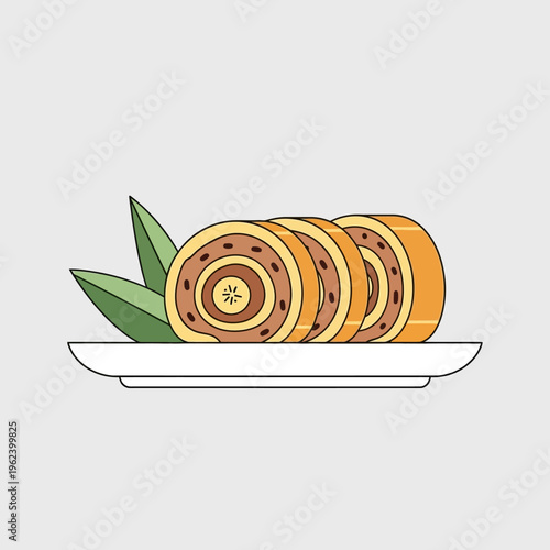 Sliced Swiss Roll Cake with Chocolate Filling on a Plate with Leaves