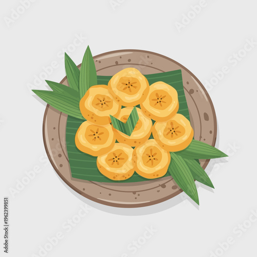 Sweet Fried Banana Slices on Banana Leaf, Traditional Dessert