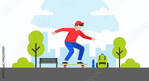 Man Skateboarding in Red Outfit.