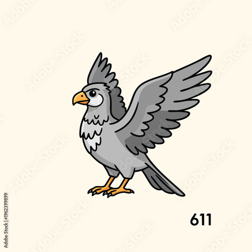 A cartoon-style illustration of a bird with gray feathers, outstretched wings, and yellow legs, set against a cream background
