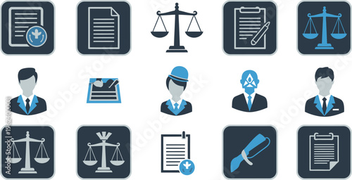 A collection of legal and business icons representing justice, documents, and professional services.